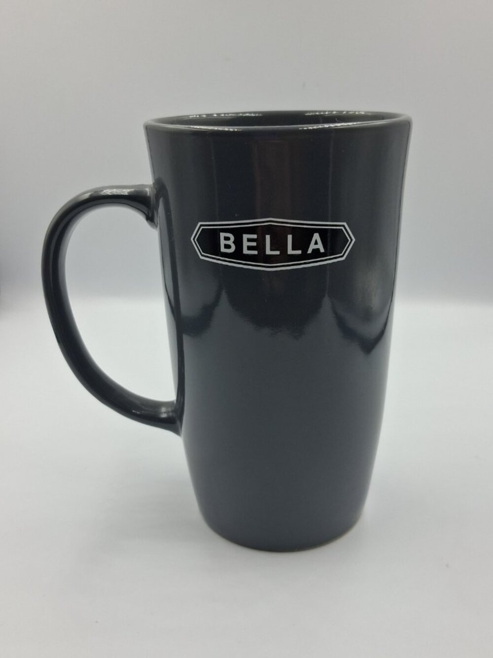 Bella Mug Logo Charcoal Gray & White 16 Oz. 5 5/8” H 3 3/8” D EUC